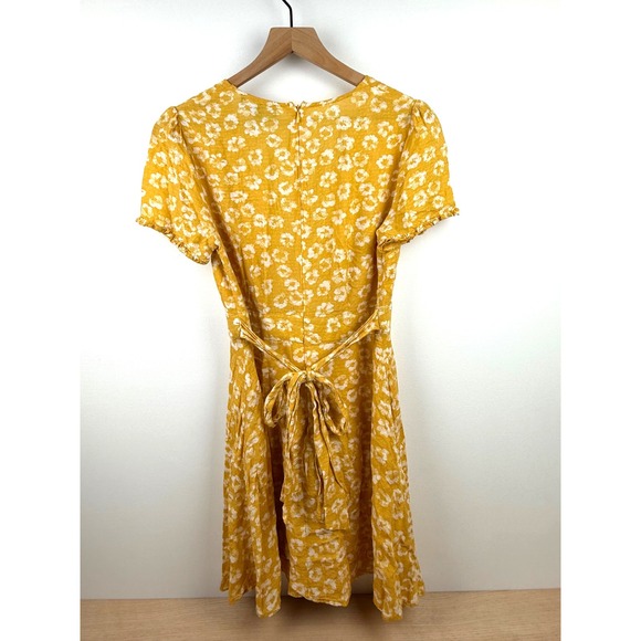 Lulus Mustard Yellow Floral Print Mini Dress Short‎ Sleeve Deep V Neck - Picture 4 of 10